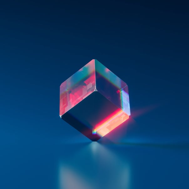 A 3D dimensional gem like square with a blue background