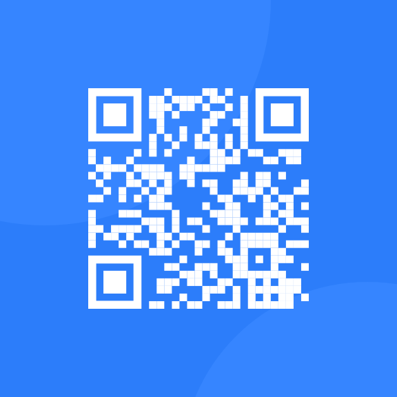 A QR Code with a light blue background and white grid boxes